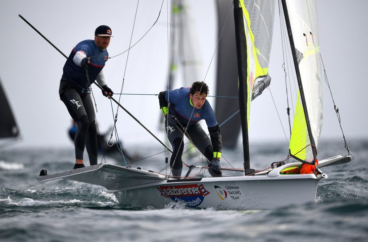 Germany's Erik Heil and Thomas Ploessel had to settle for silver in Auckland despite a late surge as home sailors Peter Burling and Blair Tuke earned a fifth world 49er title ©Getty Images