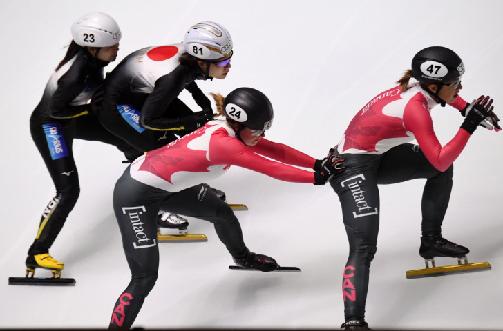 Kim Boutin, second right, helped Canada to gold in the women's 3000m relay on the final night of the ISU Short Track World Cup in Shanghai ©Getty Images