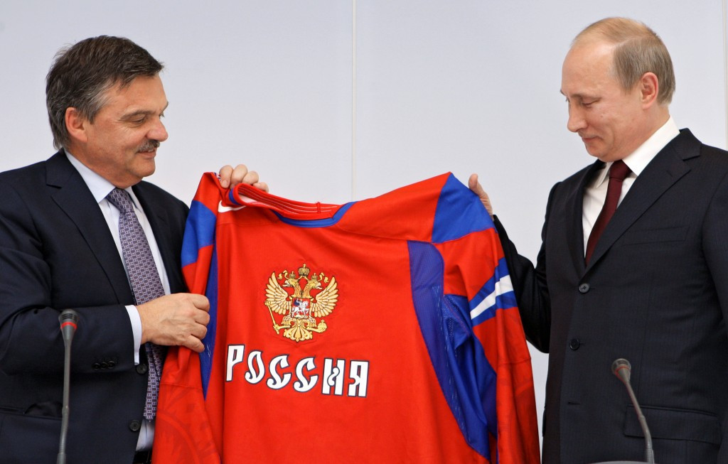 IIHF President René Fasel, left, wants Russia to compete in their famous red jerseys at the World Championships ©IIHF