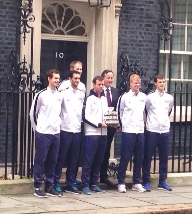 Andy Murray (left) posing with his British team-mates and Prime Minister David Cameron outside 10 Downing Street today ©Twitter