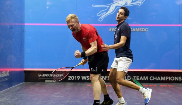Joel Makin stunned Egyptian world number four Tarek Momen in Wales's opening match with Egypt ©PSA