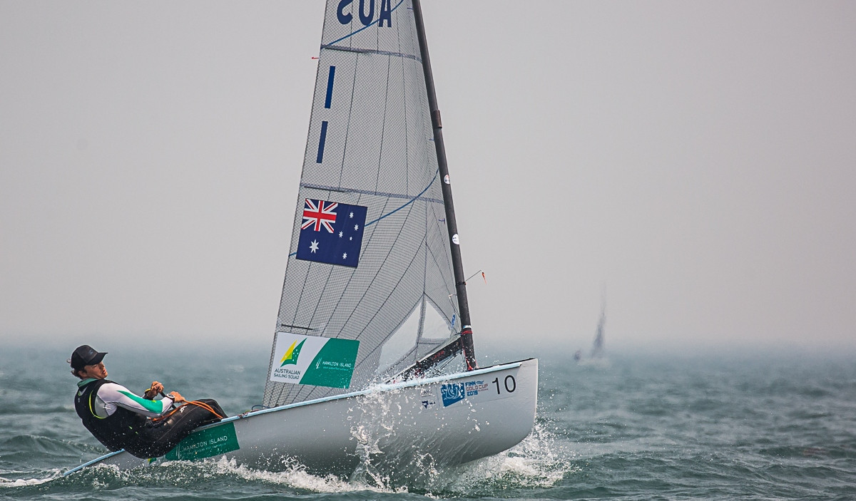 Australia's Jake Lilley won the final medal race of the Finn Gold Cup in Melbourne to finish fifth overall and secure himself one of the Oceania spots for Tokyo 2020 ©Australian Sailing