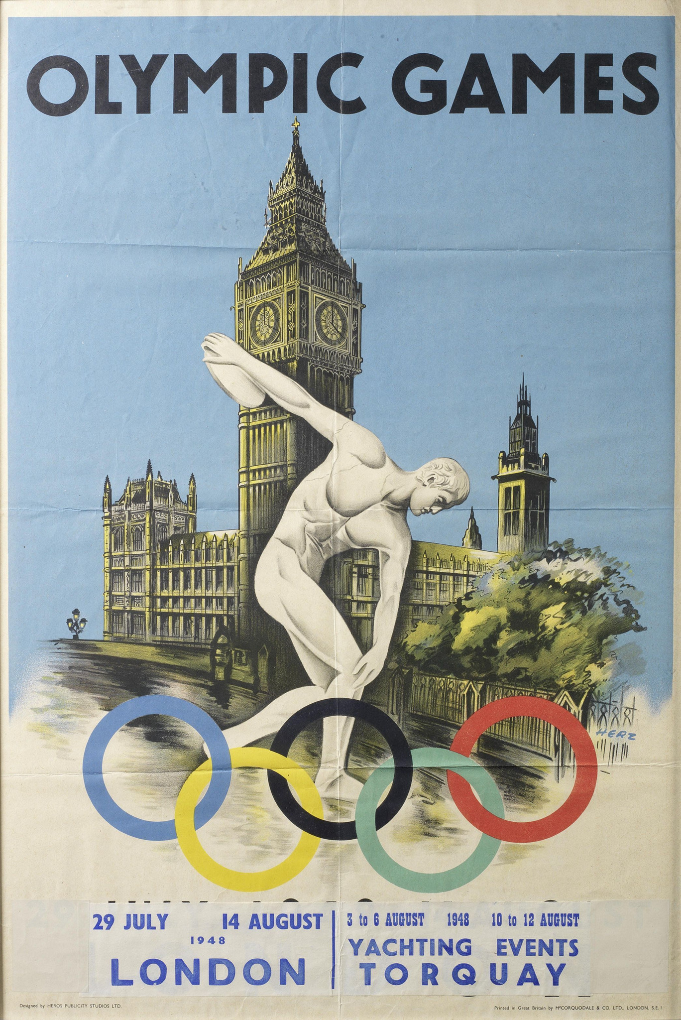 The poster for the 1948 Olympic Games in London featured a classical discus thrower in front of the Westminster clock tower - more popularly known as Big Ben ©Victoria and Albert Museum