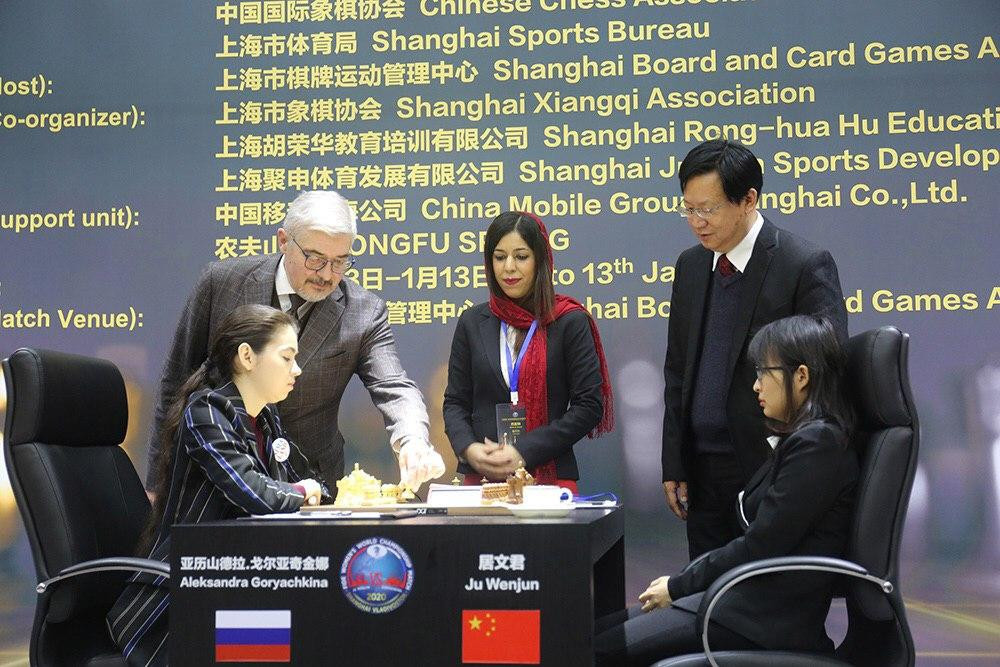 The opening game of the Women's World Chess Championship Match in Shanghai between China's Ju Wenjun and Russia's Aleksandra Goryachkina ended in a draw today ©FIDE