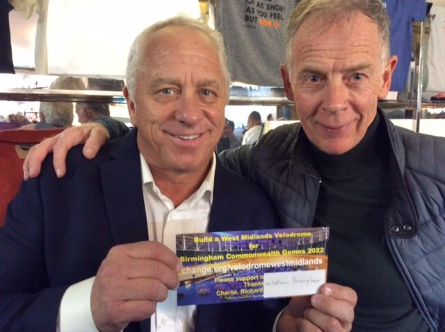 Three-times Tour de France winner Greg LeMond, left, is backing the campaign to build a training velodrome in the West Midlands as a legacy from the Birmingham 2022 Games, proposed by Halesowen Cycling Club chairman Dave Viner, right ©Dave Viner