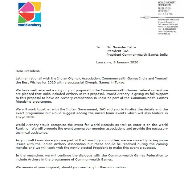 World Archery lent its support to the proposal in a letter to the Indian Olympic Association ©ITG