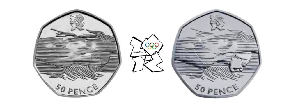 A rare version of the swimming 50p coin - on the left - produced by the Royal Mint is highly sought after by collectors and last year one sold at auction for £590 ©Royal Mint