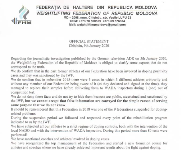 An excerpt from the Moldova Weightlifting Federation statement refuting that they were implicit in some of the country's top competitors using 