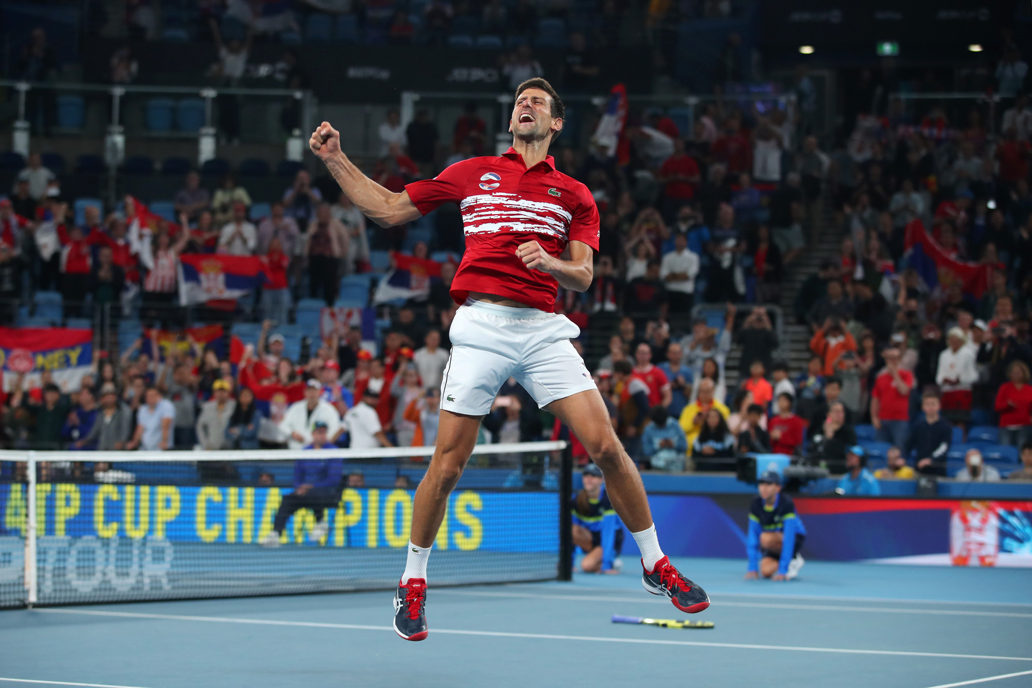 Novak Djokovic celebrates after Serbia beat Spain in the ATP Cup final ©Getty Images