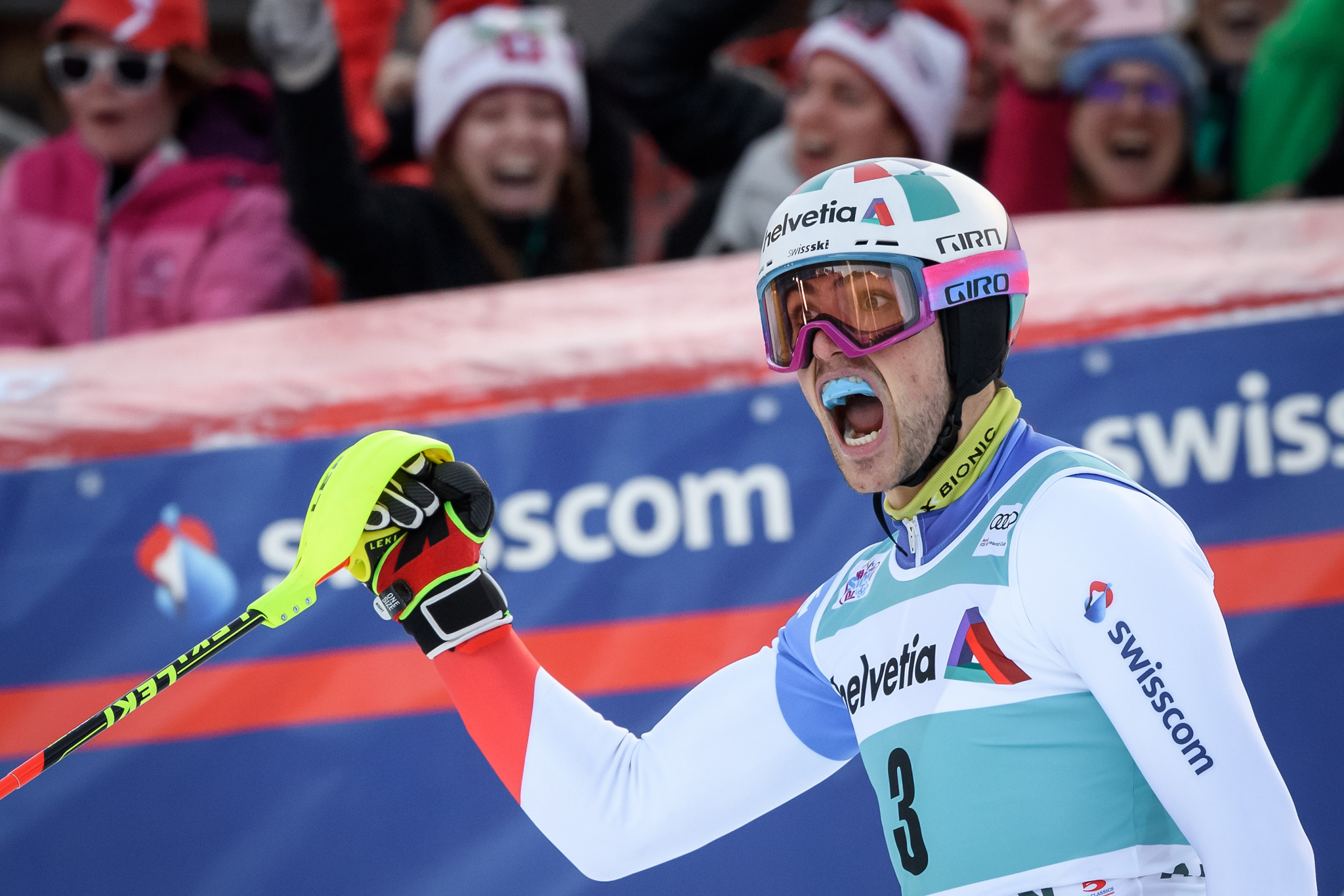 Daniel Yule of Switzerland celebrates his home slalom win at the FIS World Cup in Adelboden ©Getty Images
