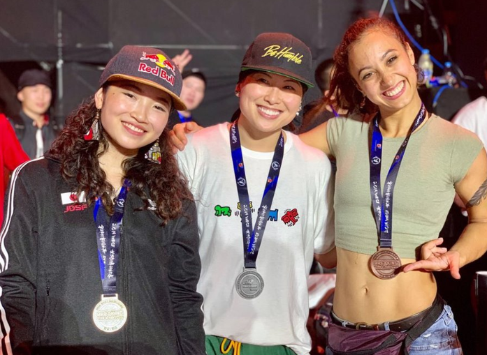 (From l to r) Last year's World B-girl Champion Ami from Japan, silver medallist Sunny from the United States and bronze medallist Jilou from Germany ©WDSF