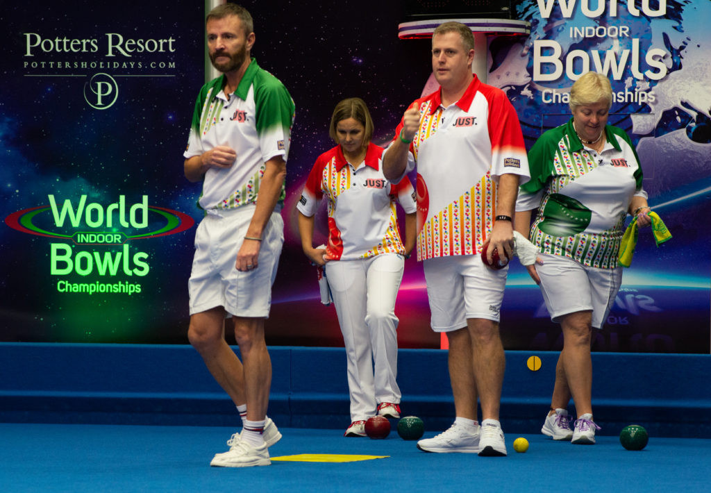 David Gourlay, left, and Janice Gower, right, beat the defending mixed doubles champions tonight at the World Indoor Bowls Championships in Norfolk ©Getty Images