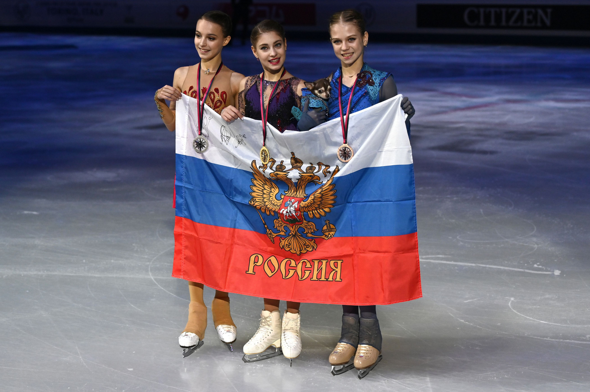 Alena Kostornaia, centre, Anna Shcherbakova, left, and Alexandra Trusova, right, completed a Russian clean sweep of the medals at the ISU Grand Prix Final and will be hoping for the same at the European Championships ©Getty Images