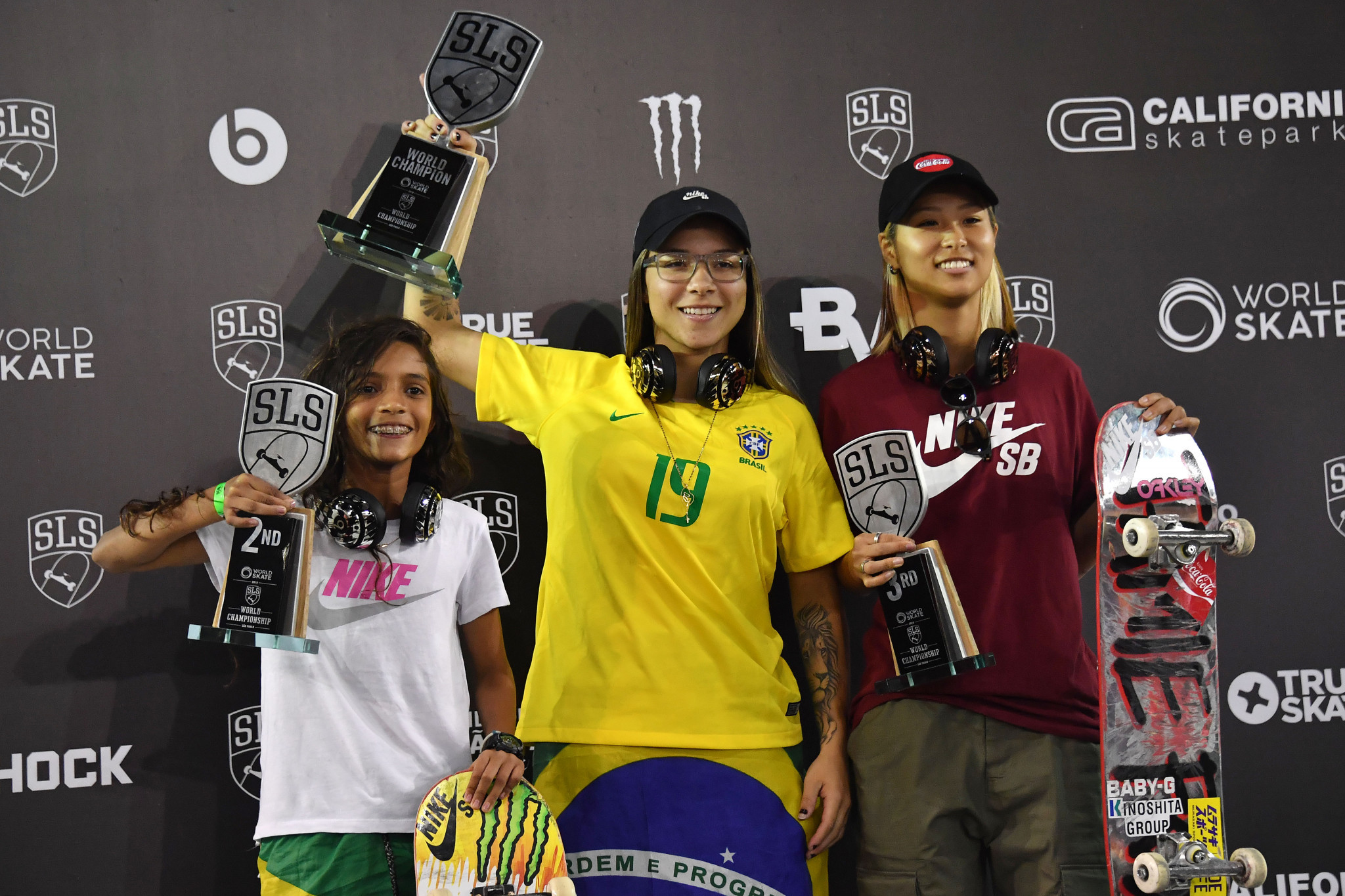 The women's podium from the 2019 World Championship in São Paulo was headed by Brazil's Pamela Rosa, centre, who is set to compete on the WS WLS World Pro Tour ©Getty Images