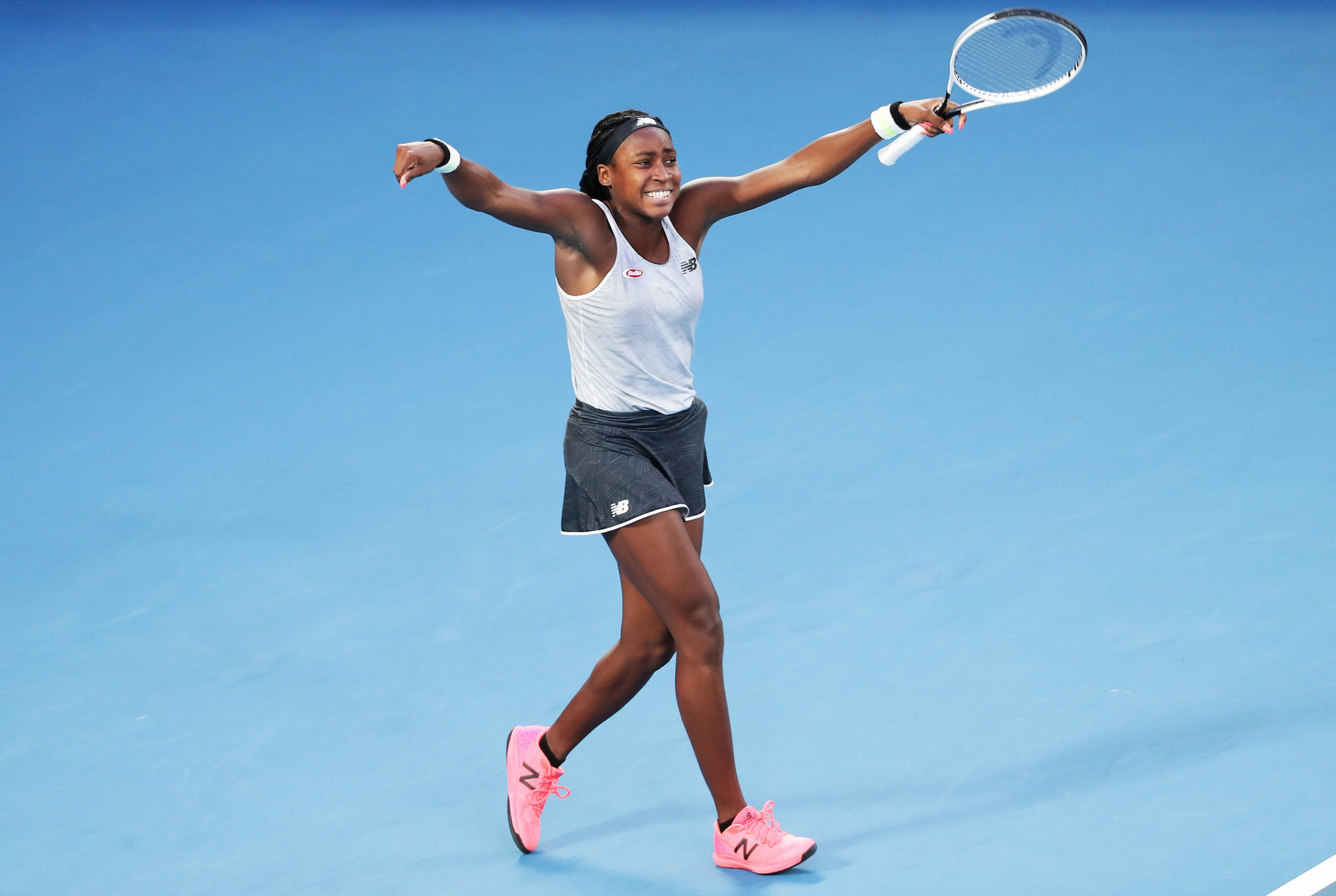 Fifteen-year-old American Coco Gauff celebrates after beating defending Australian Open champion Naomi Osaka ©Getty Images