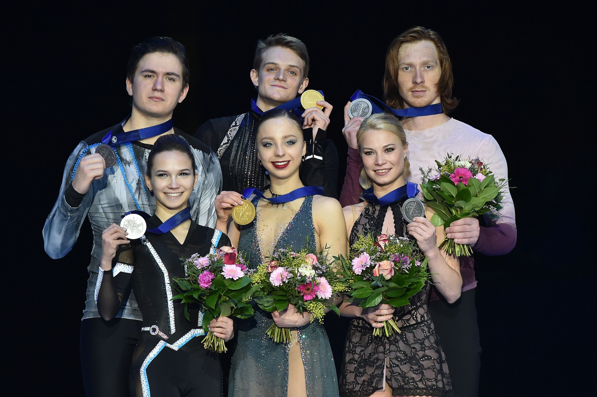 Aleksandra Boikova and Dmitri Kozlovskii, centre, lead a Russian clean sweep of the podium at the ISU European Figure Skating Championships in Graz with Evgenia Tarasova and Vladimir Morozov, left, and Daria Pavliuchenko and Denis Khodykin, right, winning the silver and bronze medals ©Getty Images