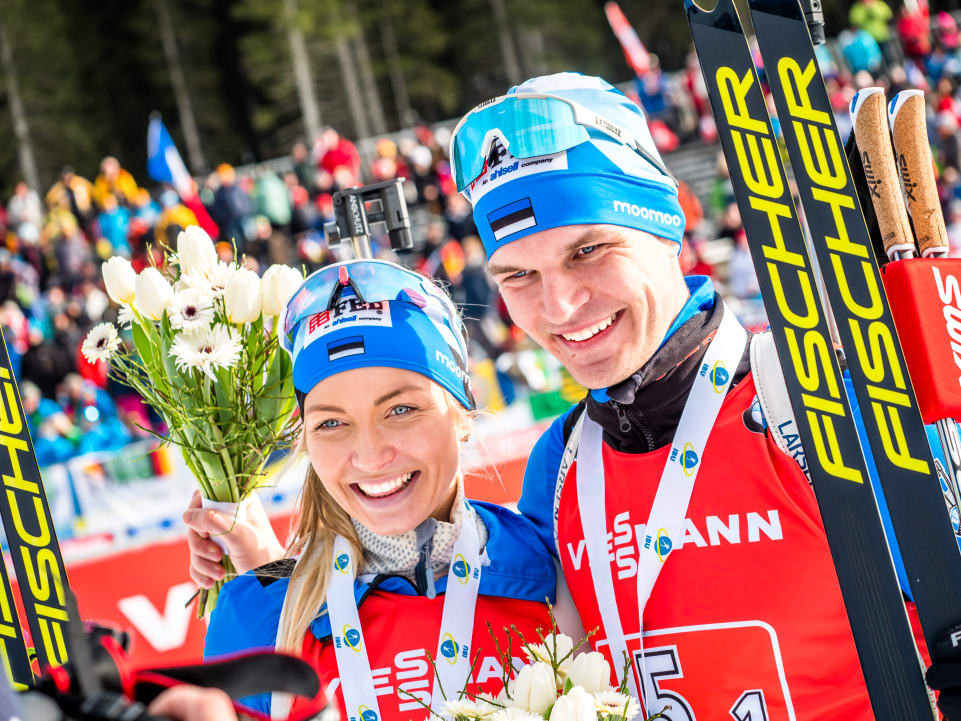 The French duo of Anais Bescond  and Emilien Jacquelin won the single mixed relay at the International Biathlon Union (IBU) World Cup in Pokljuka ©IBU