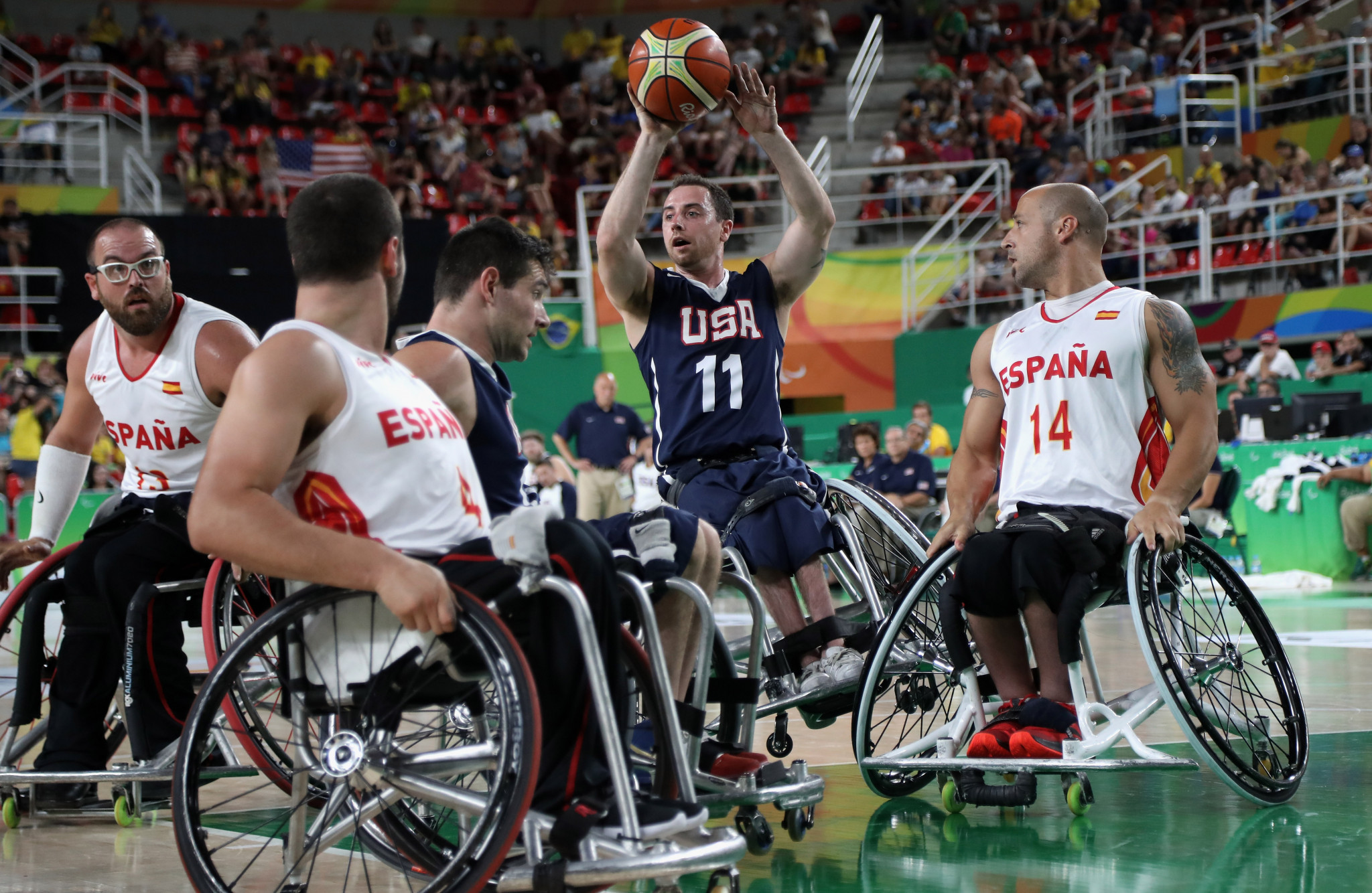 Steve Serio of the United States is pictured in possession during the Rio 2016 men's wheelchair basketball final ©Getty Images