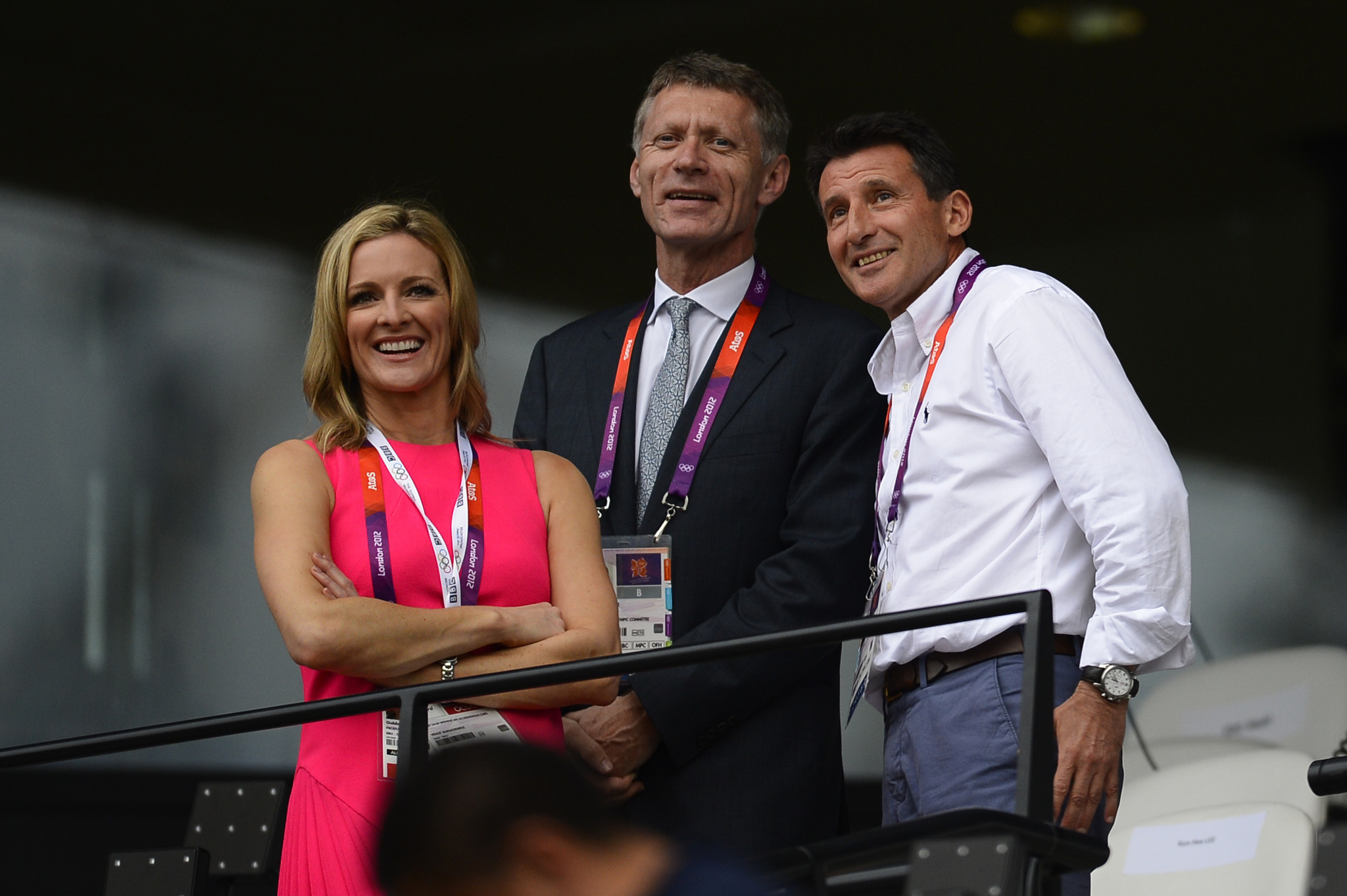 Anthony Edgar, pictured here with British television presenter Gabby Logan and London 2012 chairman Sebastian Coe, was responsible for managing the delivery of media facilities and services at Olympic Games ©Getty Images