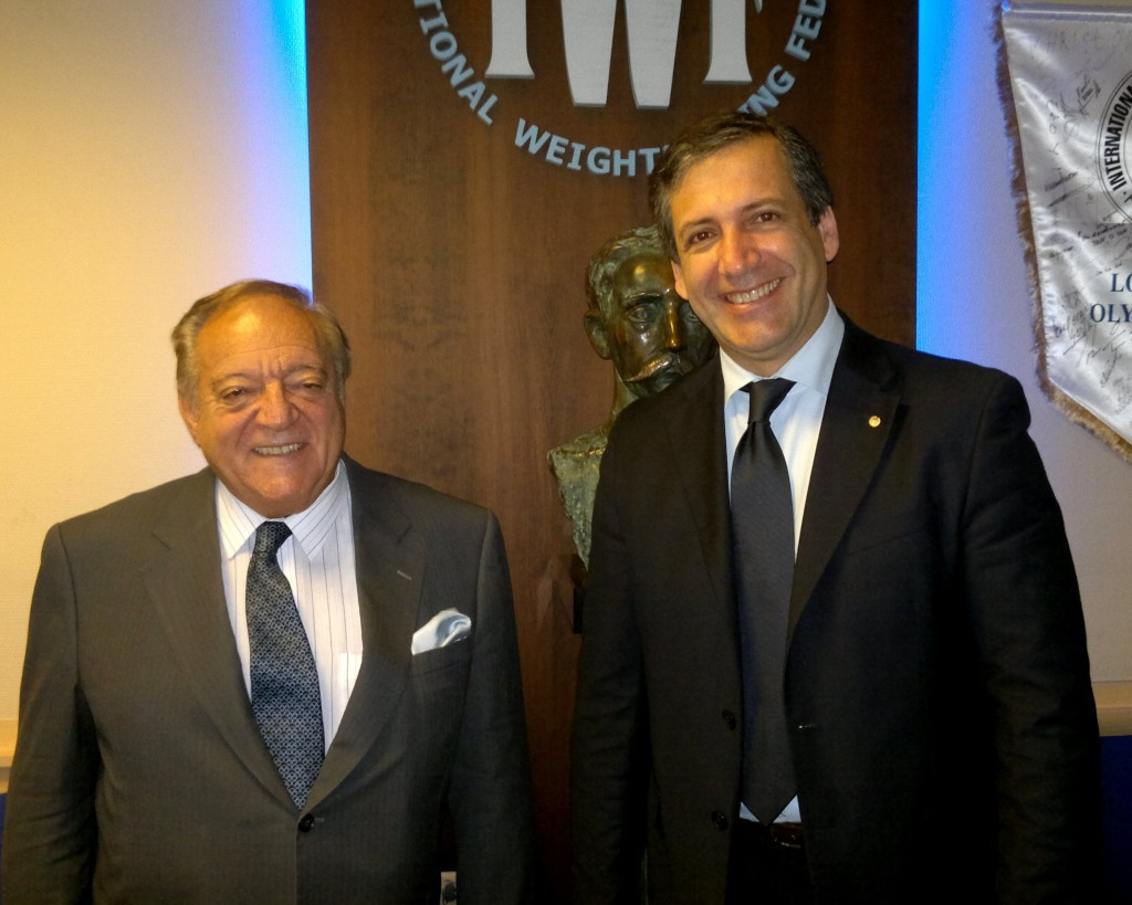 Italy's European Weightlifting Federation President Antonio Urso, right, had complained about to CAS about alleged secret accounts allegedly known only to Tamás Aján, left, as long ago as 2010 ©IWF 