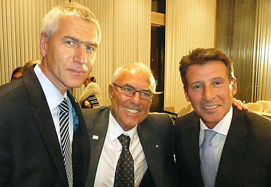 World Athletics President Sebastian Coe, right, is to write to Russian Sports Minister Oleg Matytsin, left, warning that his country's athletes are in danger of being banned from Tokyo 2020 ©EUSA