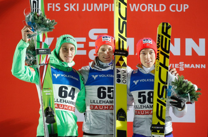 Slovenia's Peter Prevc (left) and Norway's Johann Andre Forfang (right) joined gold medallist Kenneth Gangnes on the podium at the FIS Ski Jumping World Cup in Lillehammer ©Getty Images
