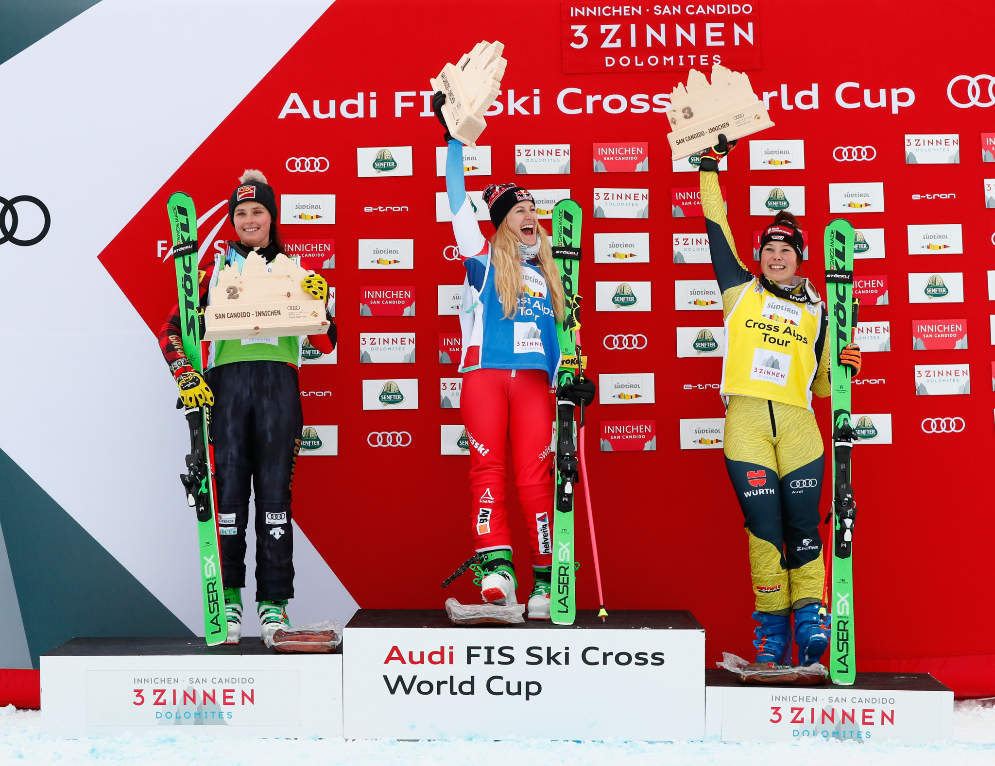 Fanny Smith, Marielle Thompson and Daniela Maier - pictured on the podium in Italy in December - all qualified in the top four  ©Getty Images
