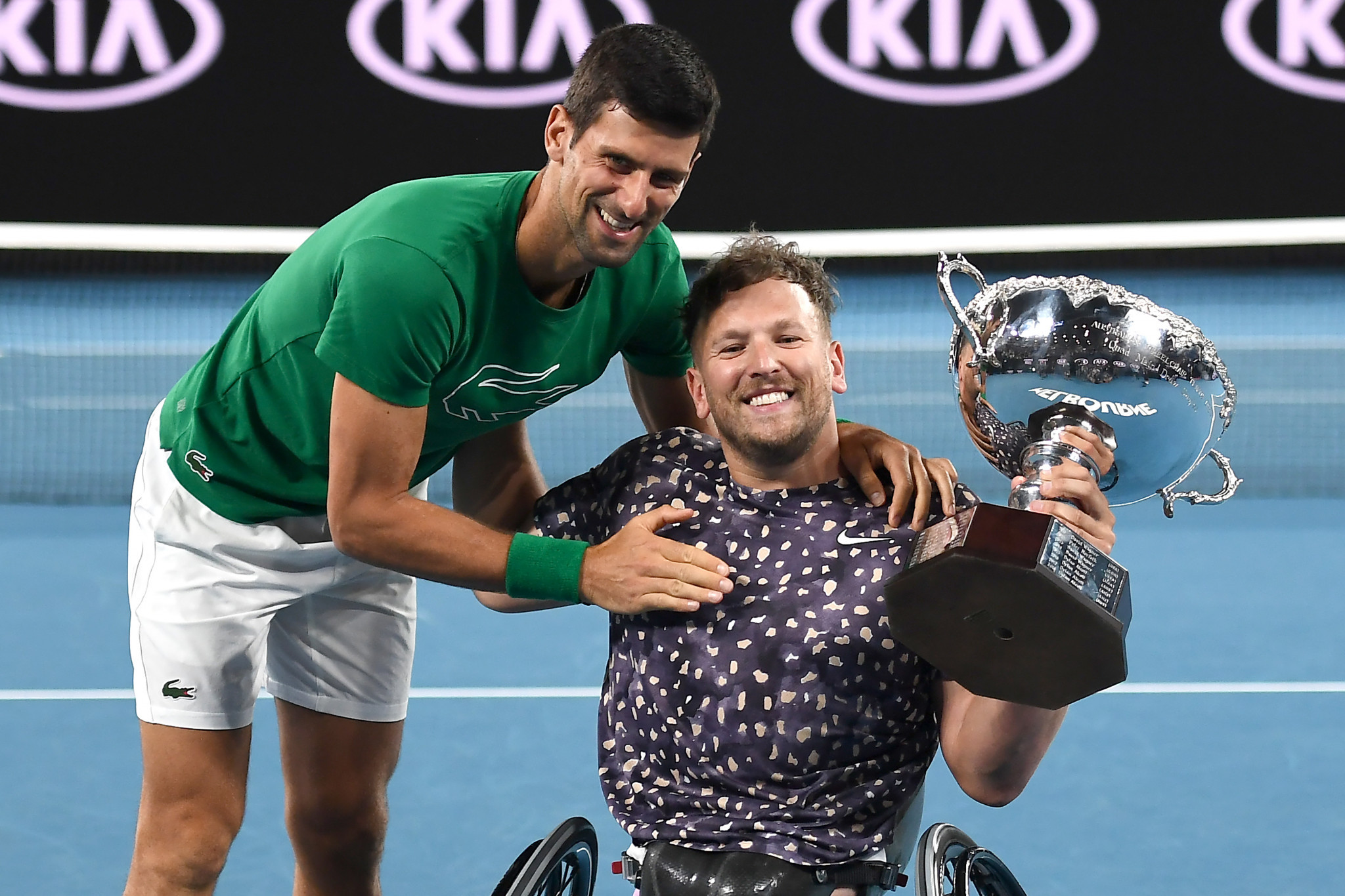 Australia's Dylan Alcott being congratulated by 16-times Grand Slam winner Novak Djokovic ©Getty Images