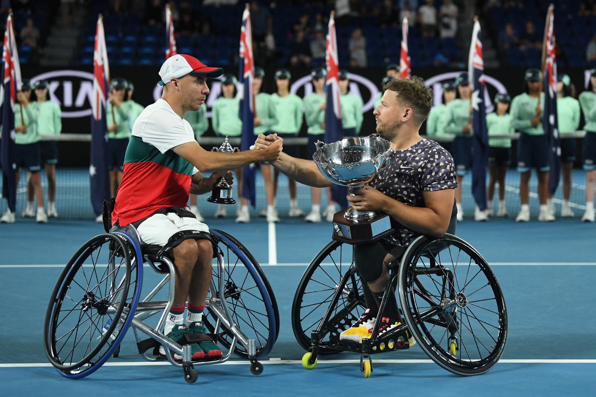 Andy Lapthorne, left, and Dylan Alcott, right, embrace after Alcott's win in the Australian Open final ©Getty Images