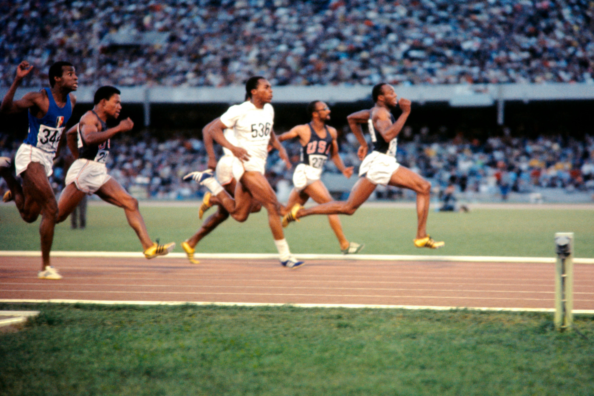 Jim Hines en route to Olympic 100m gold at the Mexico City 1968 Games in a world record of 9.95sec. He was less successful as an NFL player, earning the nickname 