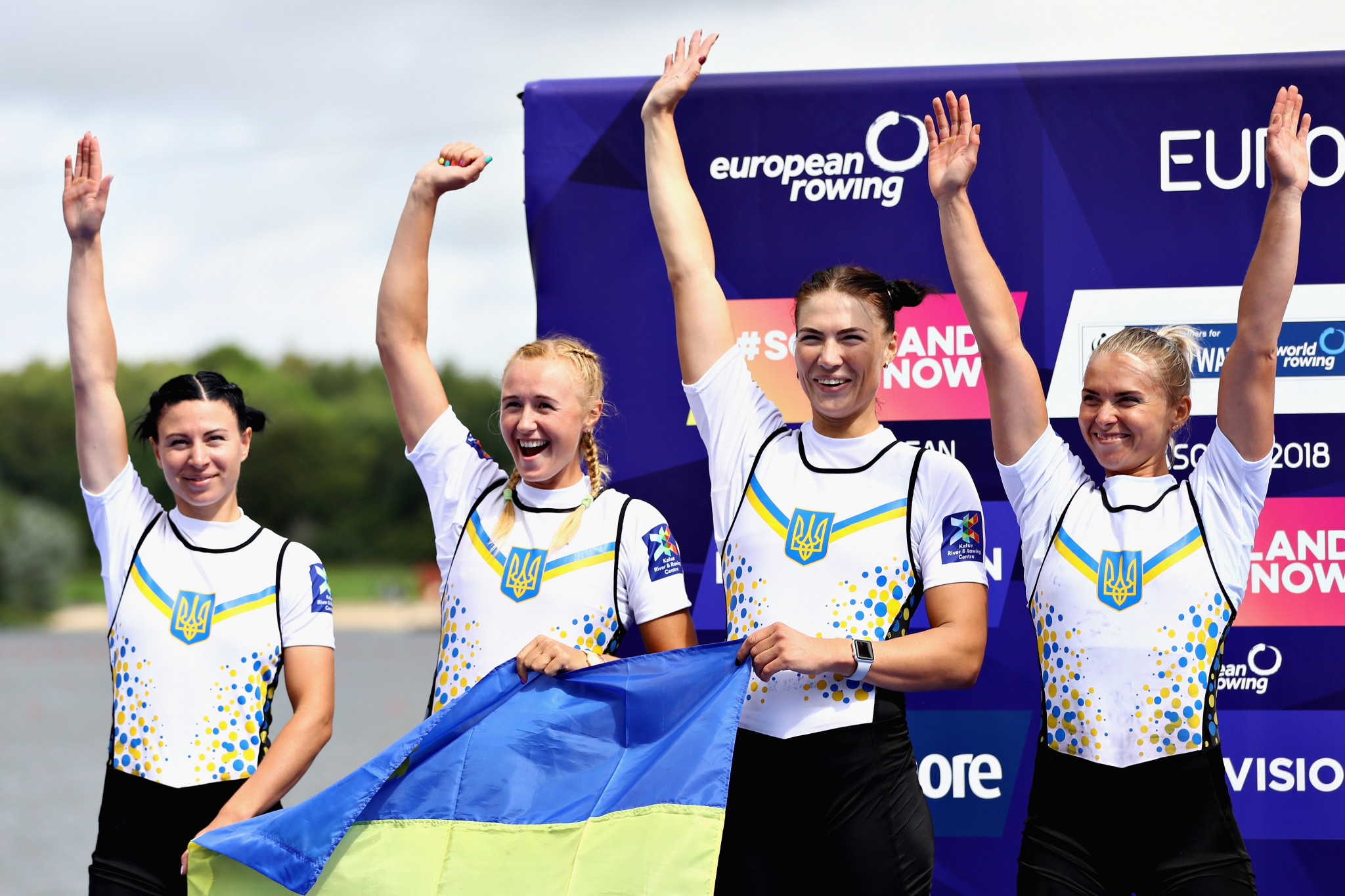 Olena Buryak, pictured second right, after helping Ukraine's women's quadruple sculls boat win silver at the 2014 European Championships, will defend her world indoor title in Paris tomorrow ©Getty Images