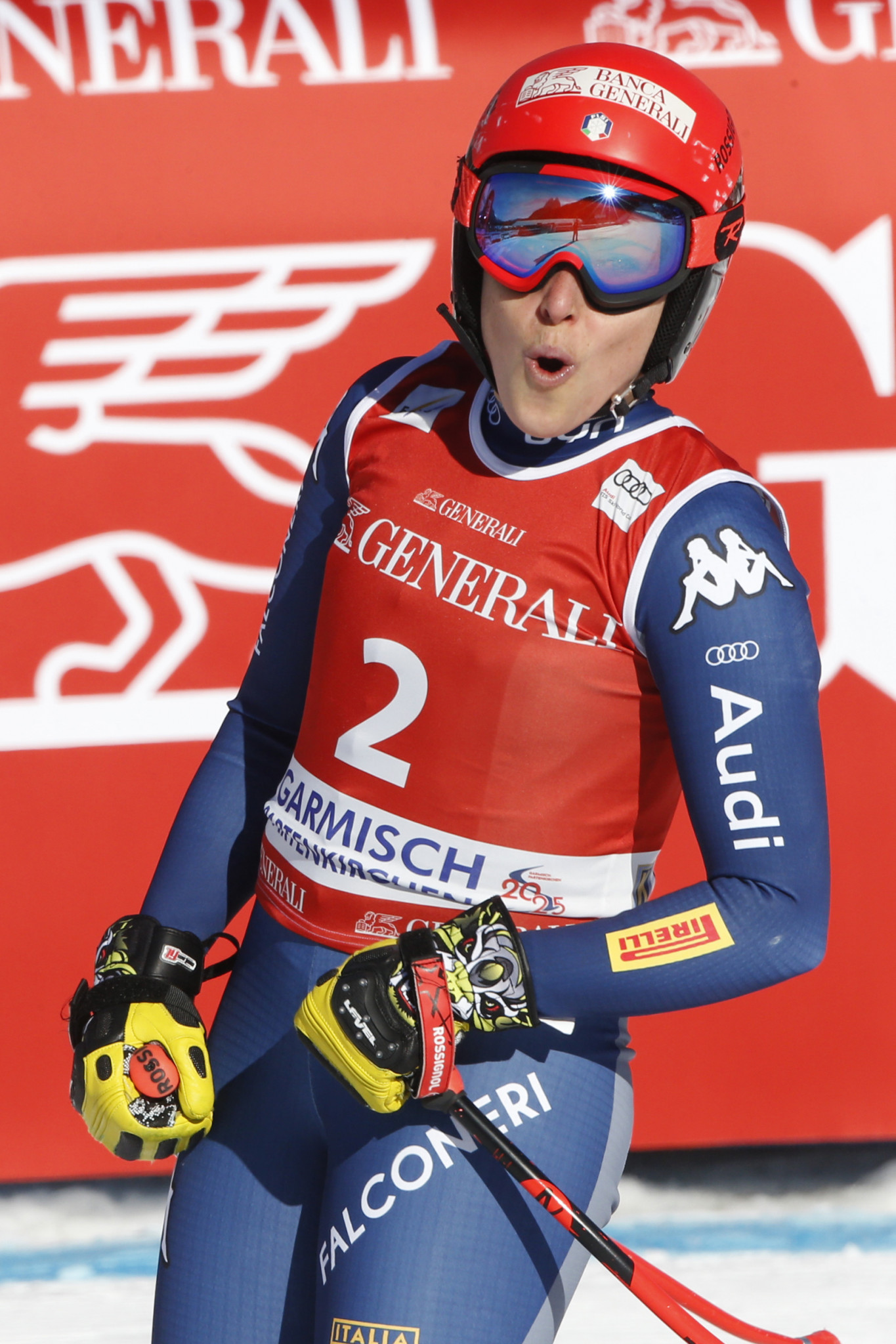Federica Brignone reacts to finishing second in the FIS Alpine Ski World Cup in Garmisch-Partenkirchen ©Getty Images