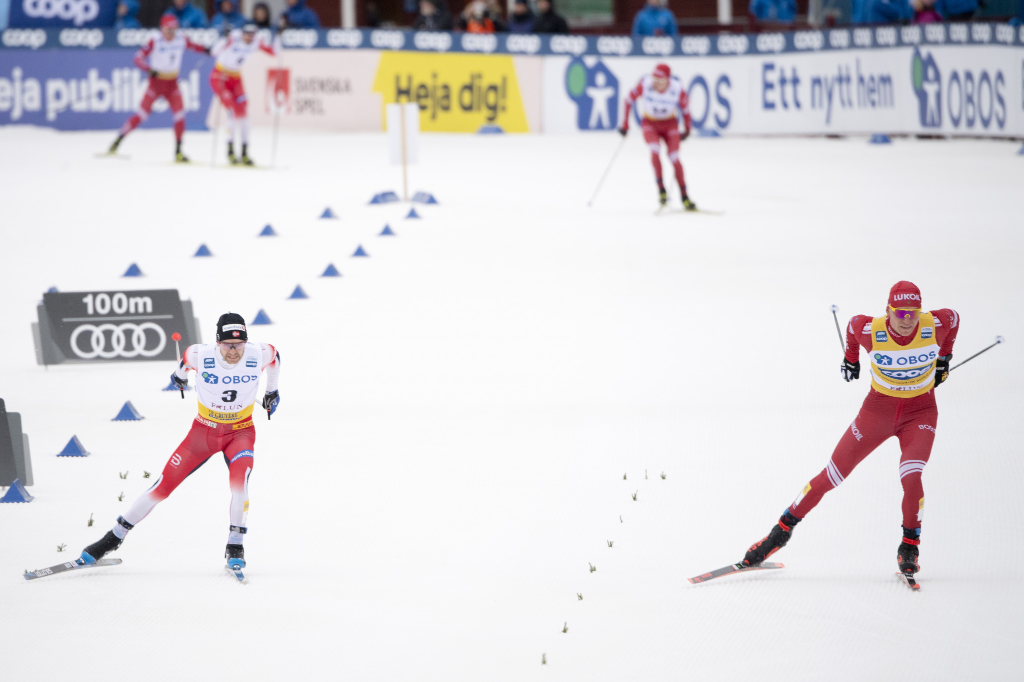Alexander Bolshunov, right, earned a narrow win in the men's event ©Getty Images