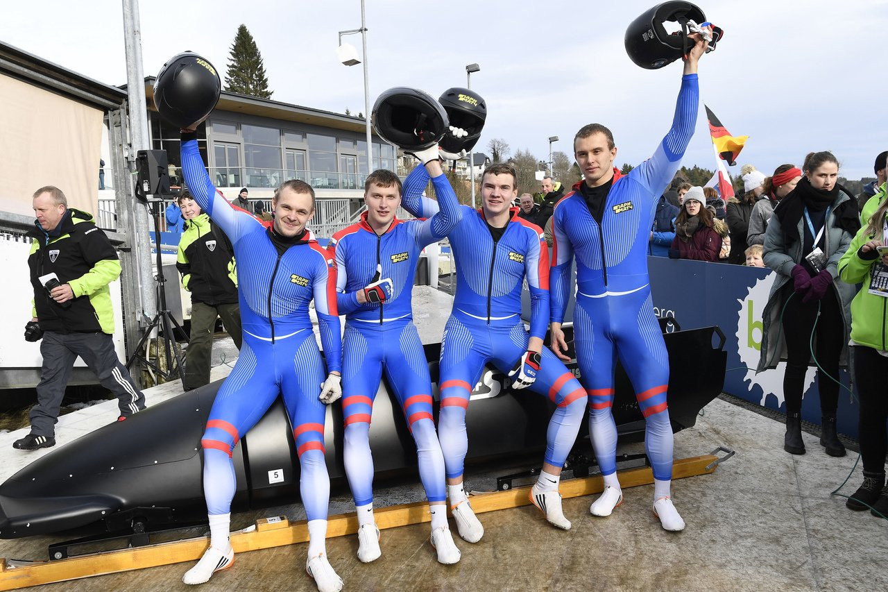 The Russian quartet of Rostislav Gaitiukevich, Vladislav Zharovtsev, Andrey Kazantsev and Mikhail Mordasov were the victors in the four-man bobsleigh at the IBSF Junior World Championships ©IBSF