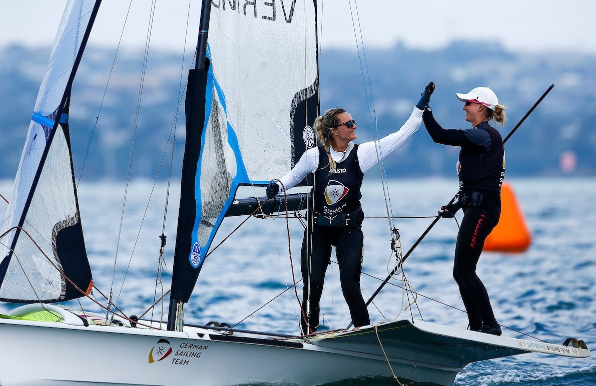 Germany's Tina Lutz and Lotta Wiemers took charge of the 49erFX ©Sailing Energy