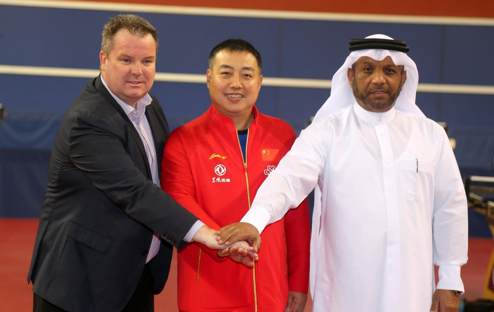 ITTF chief, Steve Dainton; CTTA President, Liu Guoliang and QTTA President and ITTF Deputy President, Khalil Al-Mohannadi all unite to support affected Chinese table tennis players ©ITTF
