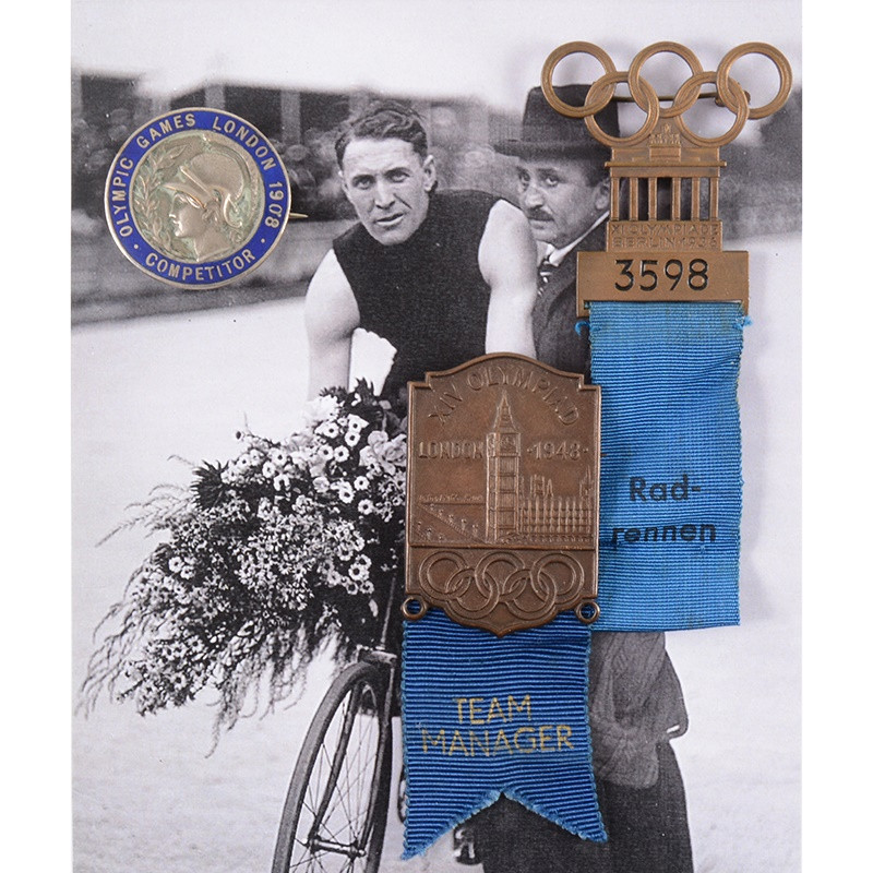 A competitor medal from the 1908 Olympic Games in London and badges from when William Bailey was team manager at Berlin 1936 and London 1948 are among the items up for auction ©Gildings Auctioneers