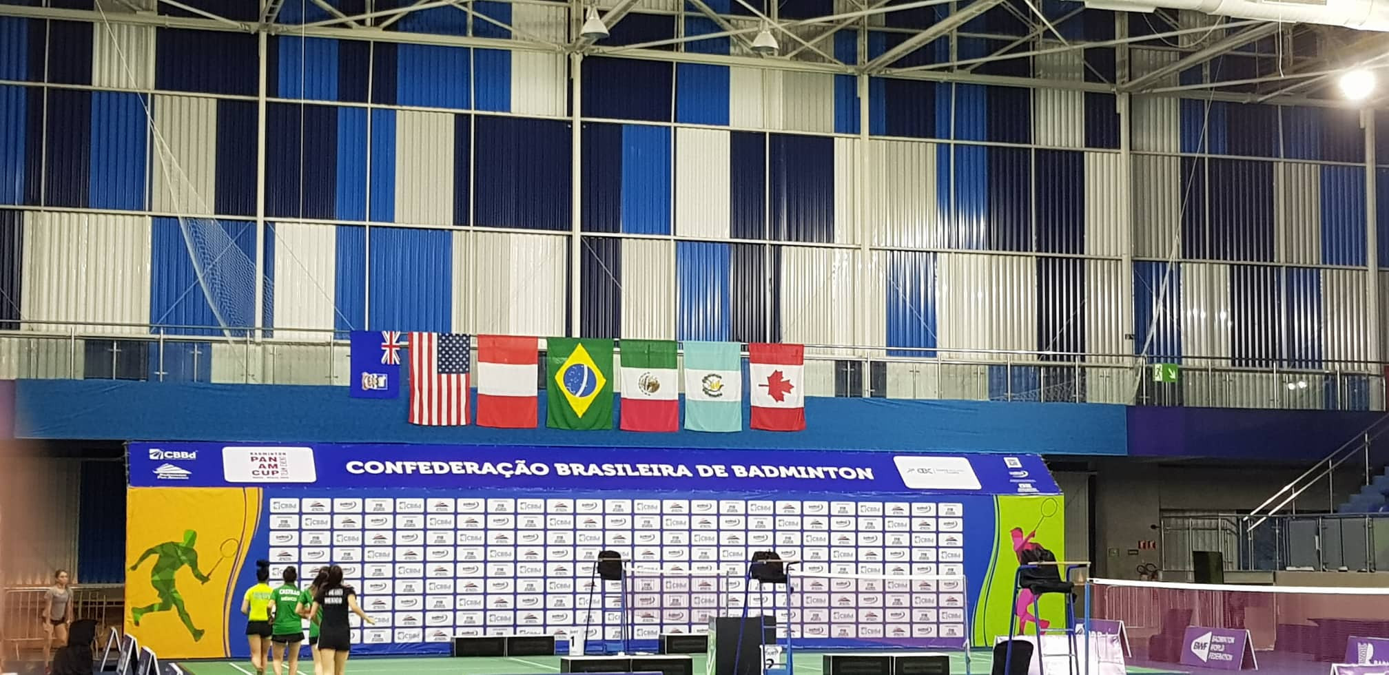 The Falkland Islands flag flying in the venue in Brazil, far left ©Falkland Islands Badminton