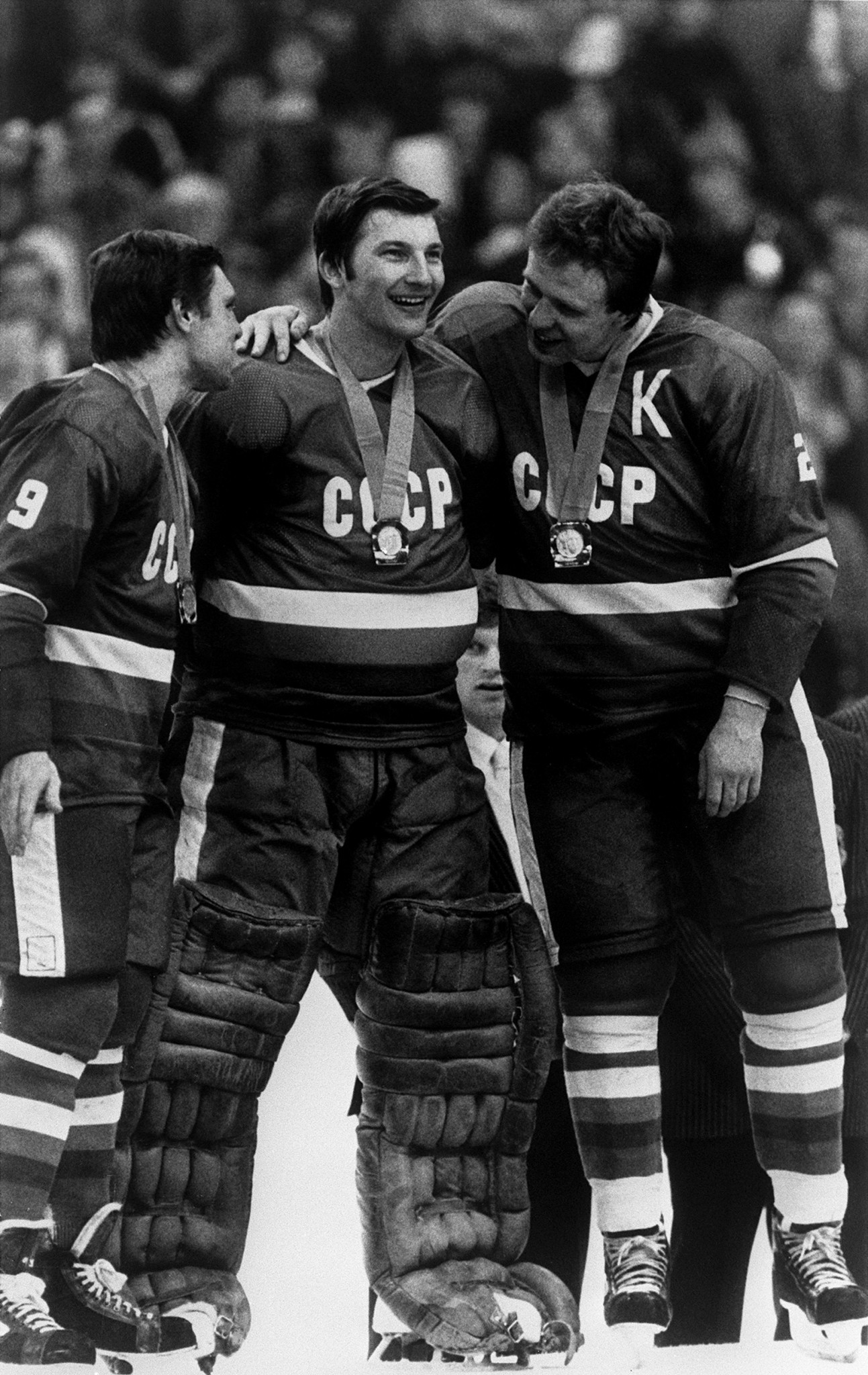 Vladislav Tretiak, centre, won three Olympic gold medals and was voted Russia's greatest ice hockey player of the 20th century ©Getty Images