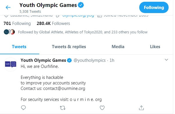 The official Youth Olympic Games Twitter page was among the others affected ©ITG