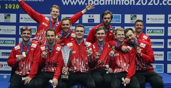 Denmark's men celebrate their victory at the European Team Championships in Lievin ©Badminton Europe