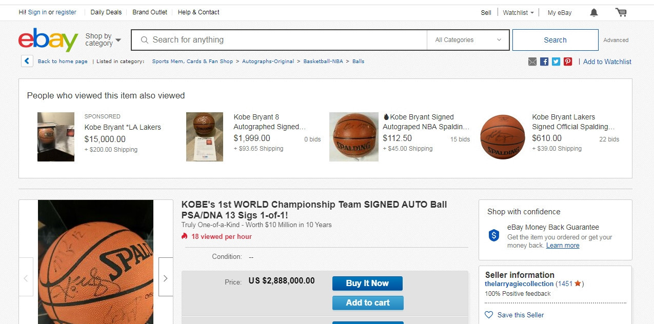 One seller on eBay is asking for nearly $3 million for a basketball signed by Kobe Bryant following his death ©eBay