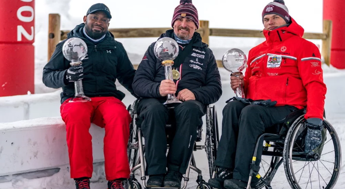 Canada's Lonnie Bissonnette, centre, has retained his overall IBSF Para Sport World Cup title ©IBSF/Girts Kehris
