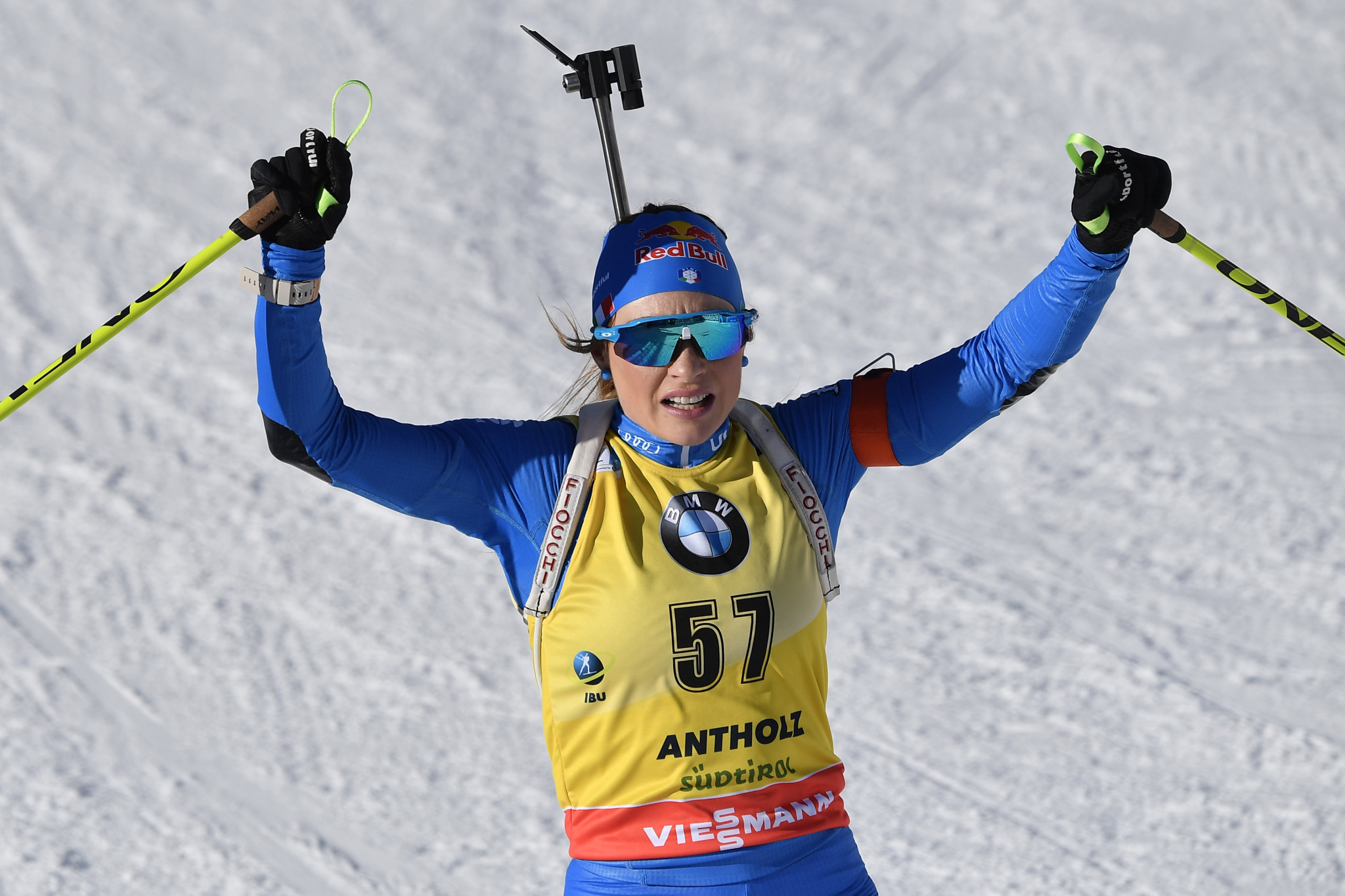 Italy's Dorothea Wierer celebrates her latest victory at the Biathlon World Championships in Antholz-Anterselva ©Getty Images