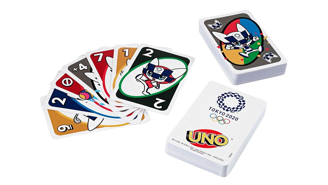 The new Uno card deck, featuring the mascot for the Games, Miraitowa ©Mattel