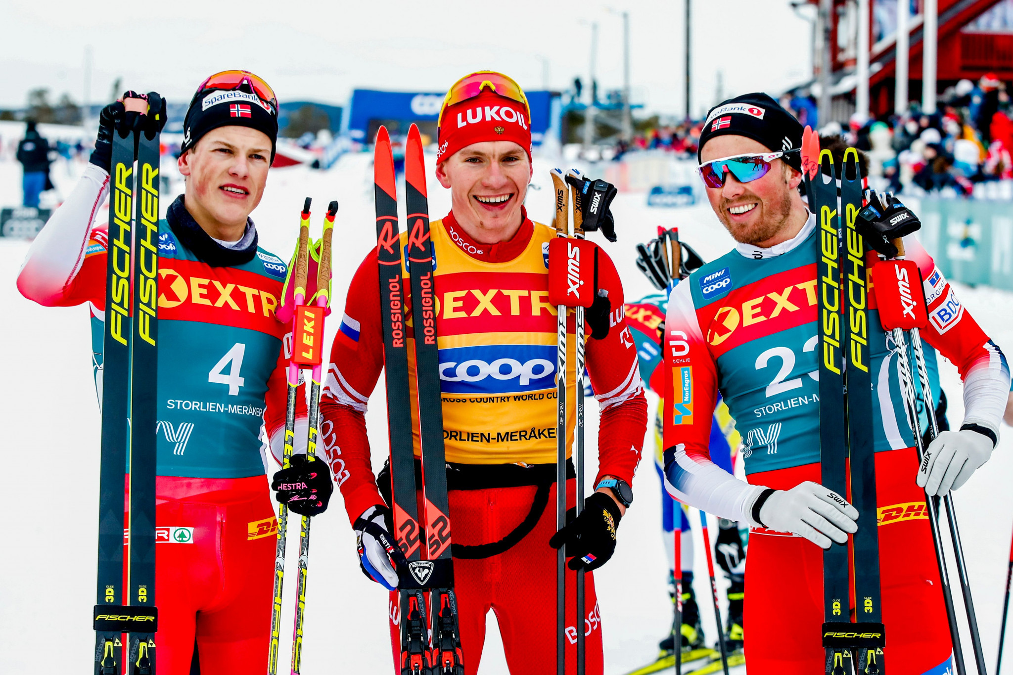 Russia's Alexander Bolshunov, centre, retained his lead at the top of the FIS Cross-Country World Cup finishing ahead of Norway's Johannes Høsflot Klæbo, left, and Emil Iversen, right  ©Getty Images