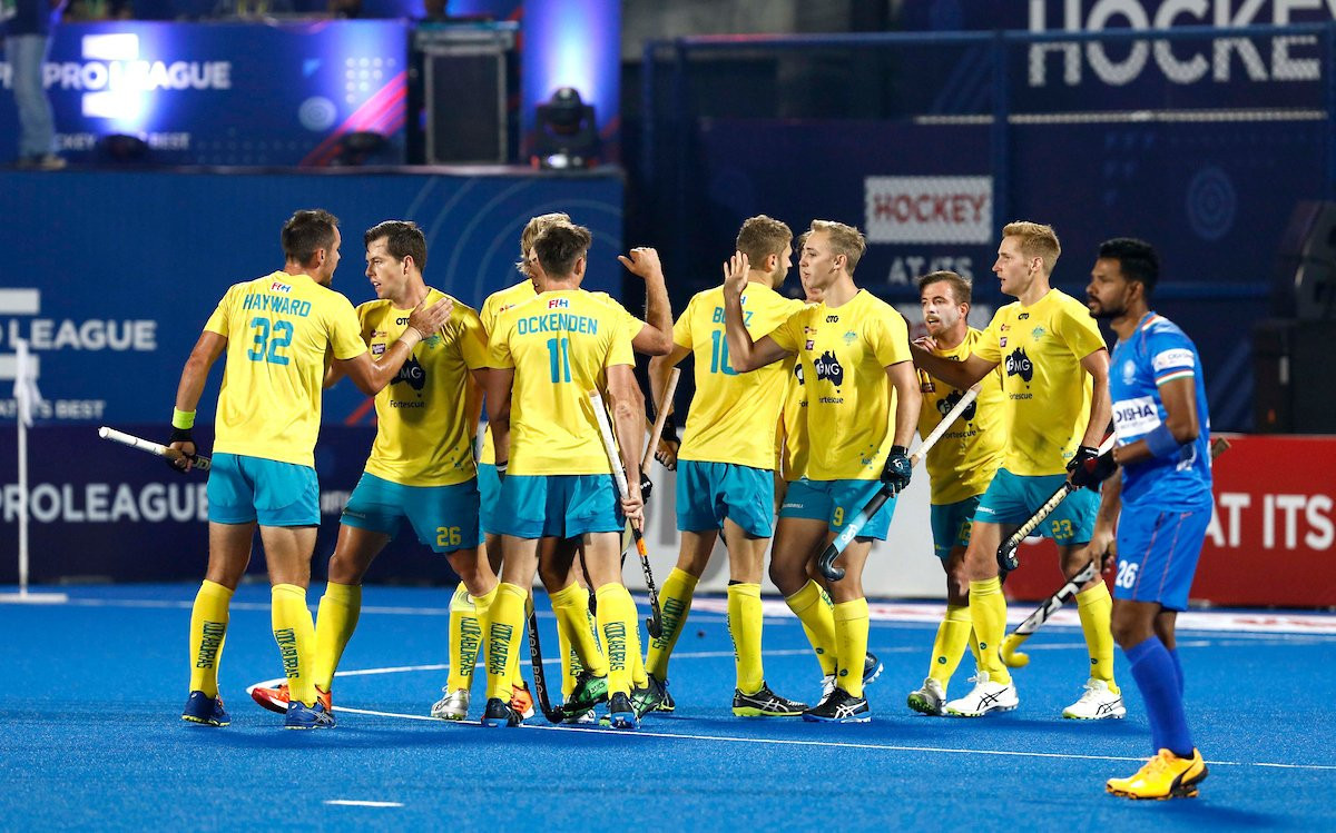 Australia players celebrate after their 4-3 win in the FIH Pro League against India last night ©FIH