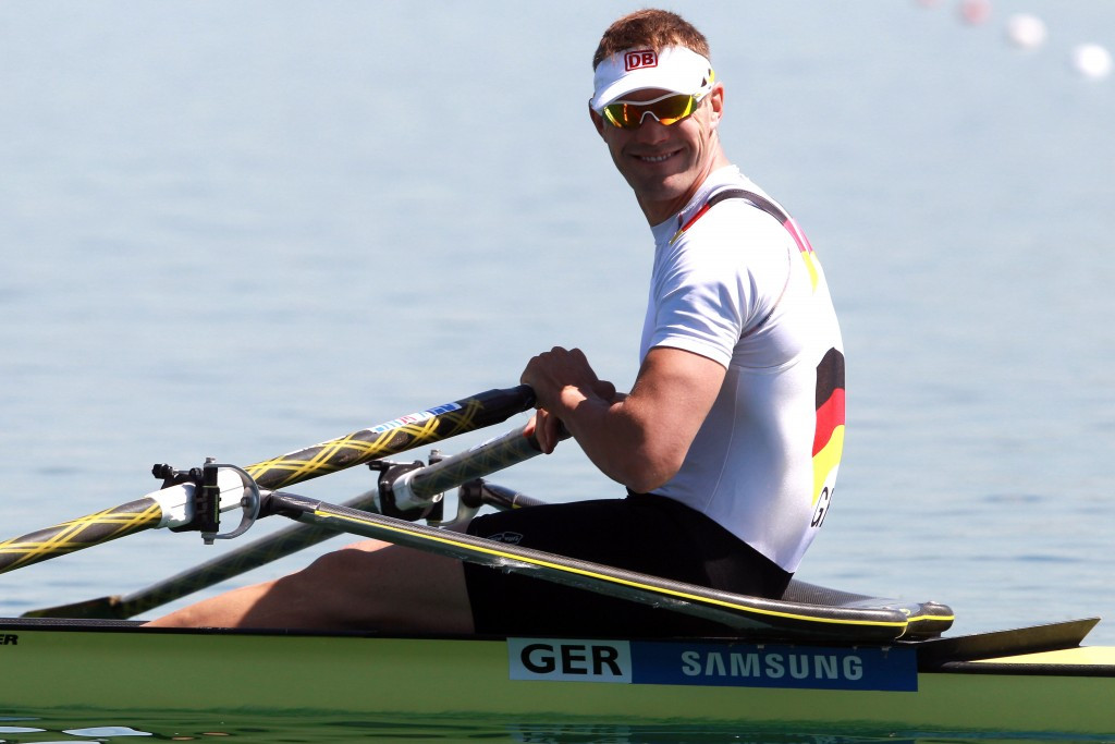 Marcel Hacker of Germany, pictured in the single sculls during World Cup racing in 2012, teamed up to good effect with Stephan Krueger to win the double sculls in the World Rowing Cup I in Bled ©Getty Images