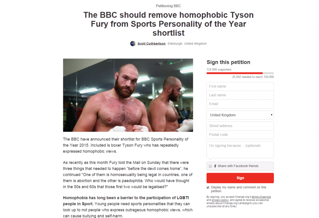 A petition to have Fury removed from the shortlist has amassed nearly 125,000 signatures