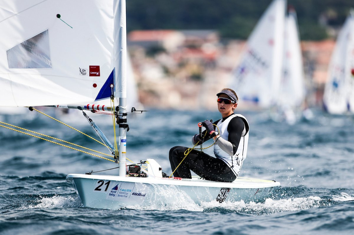 Switzerland's Maud Jayet has gone top after a win today and second yesterday in the blue group at the ICLA Radial Women's World Championships in Melbourne ©World Sailing